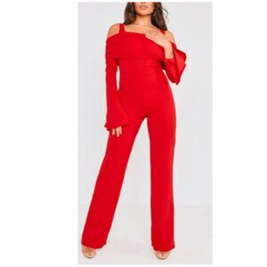 Red Off Shoulder Long Sleeve Jumpsuit